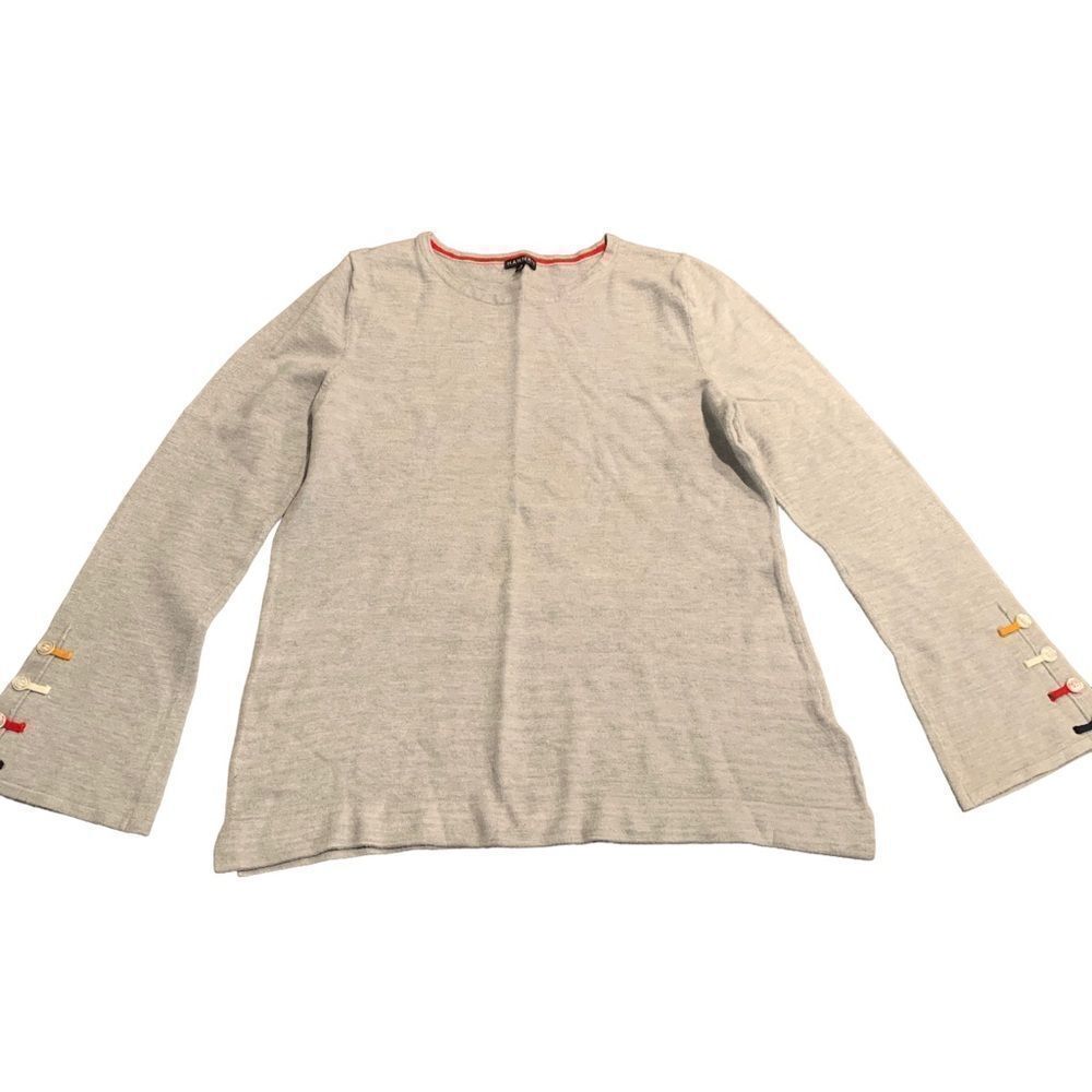 Hannah Women’s Gray Cozy Sweater Top Embellished Button Bell Sleeve Small